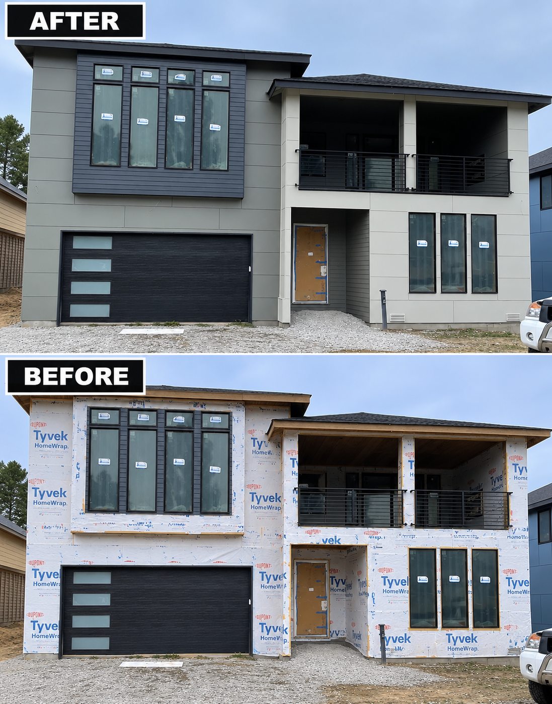 Before and after exterior repaint and siding of a new-construction modern home